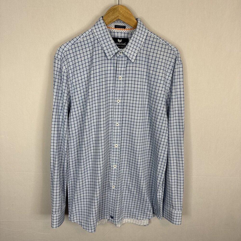 Buttercloth Icy Cotton Blue Check Button Down Shirt Mens L Regular Fit